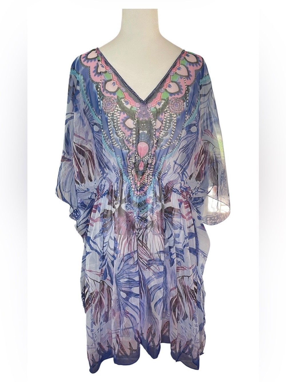 NWT Bon Voyage Sheer Kaftan Swim Cover-Up One Size Blue Purple